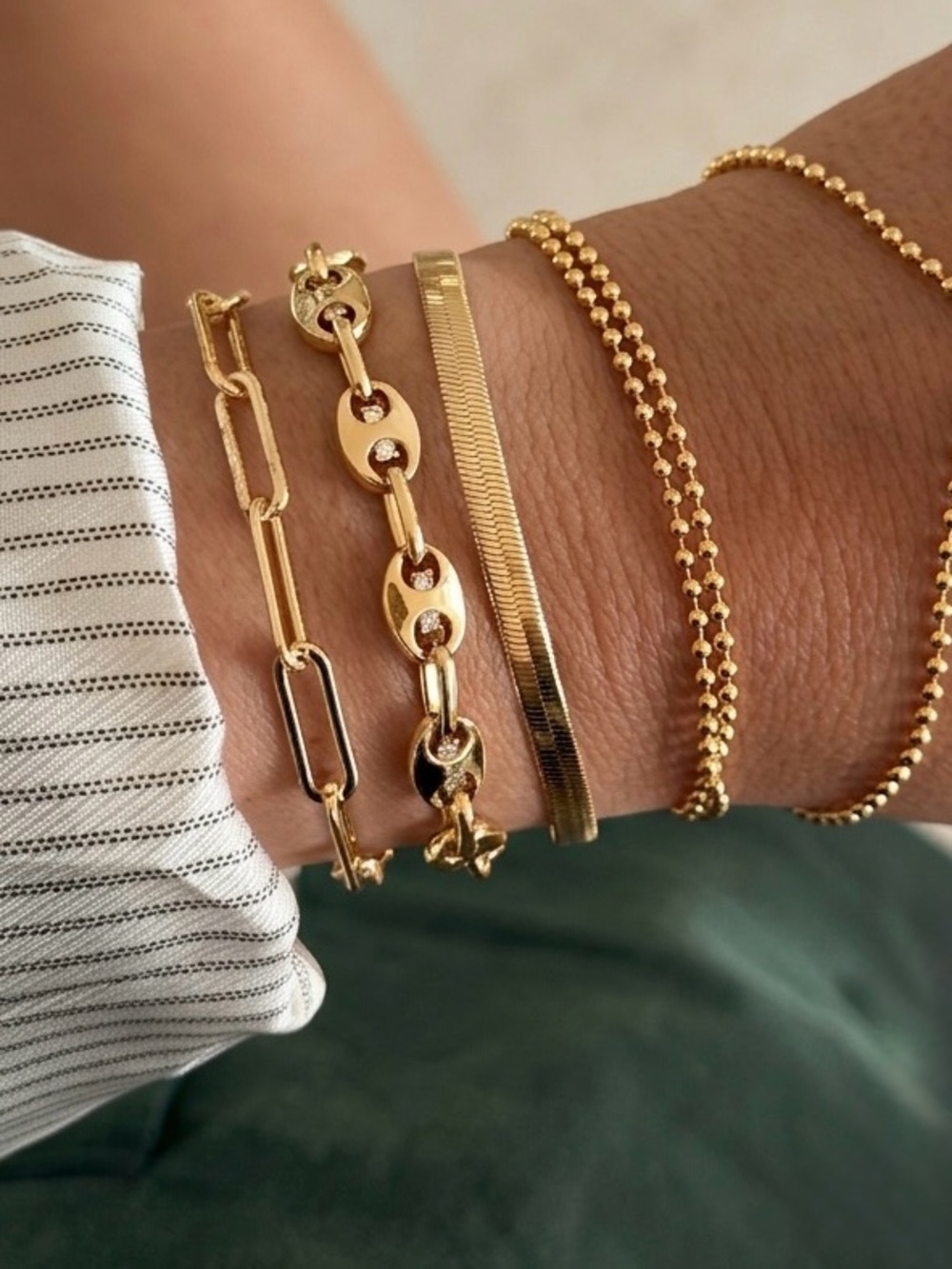 14K Gold Plated 3Pc Bracelet Stack Set | Pave Mariner, Herringbone & Paperclip